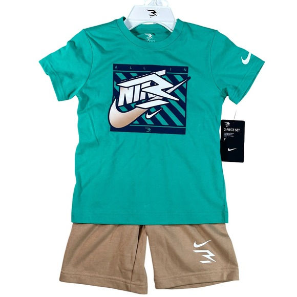 Nike Other - Nike Kids 2 Piece Set T-Shirt and Shorts Turquoise Tan Size 4 New NWT